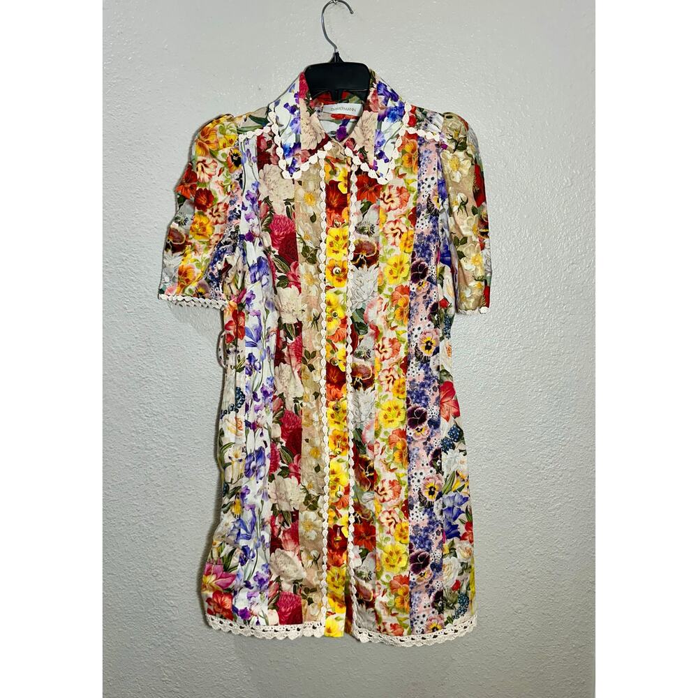 Zimmermann Linen Floral Patchwork Mini Dress Crochet Trim Multicolor NWT - Picture 3 of 11
